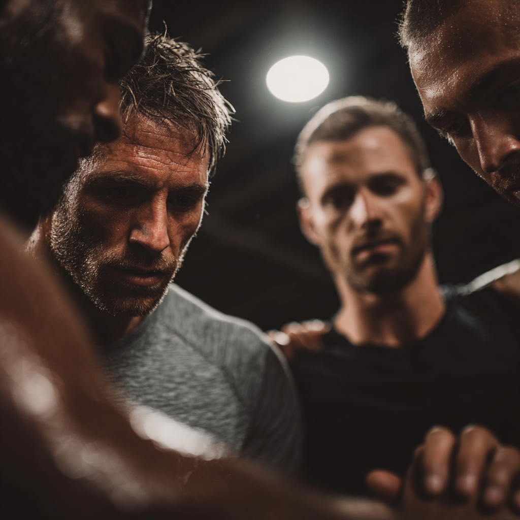 Group of motivated men supporting each other during intense training session