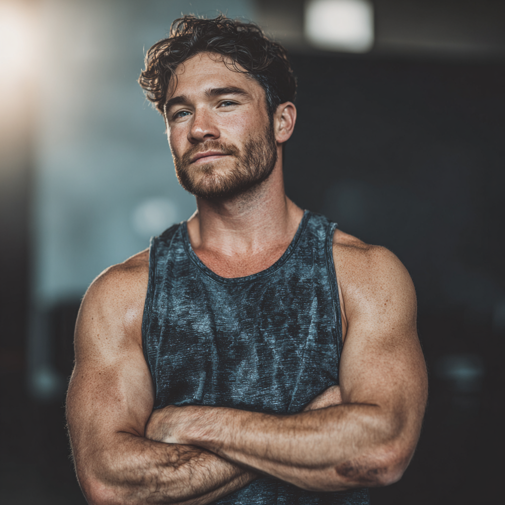 Strong confident man in athletic wear looking determined during workout session